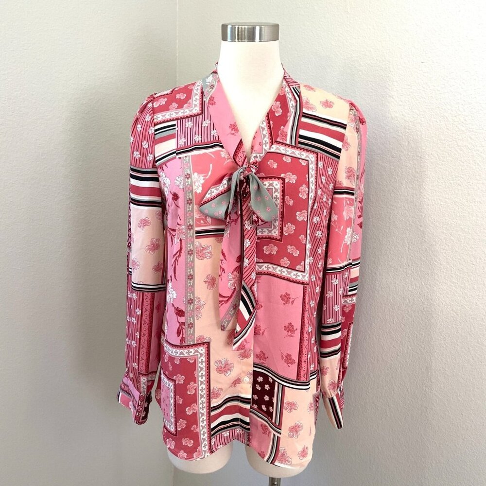 Talbots Womens Small Patchwork Print Tie Neck Blouse Shirt Top Long Sleeve